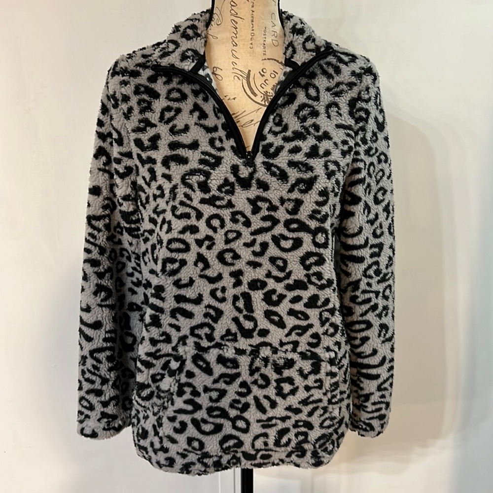 Grey Cheetah Sherpa quarter zip pullover
